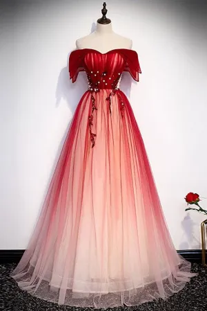 kamahe Burgundy Off The Shoulder Tulle Long Lace Up Formal Prom Dresses Party Dresses