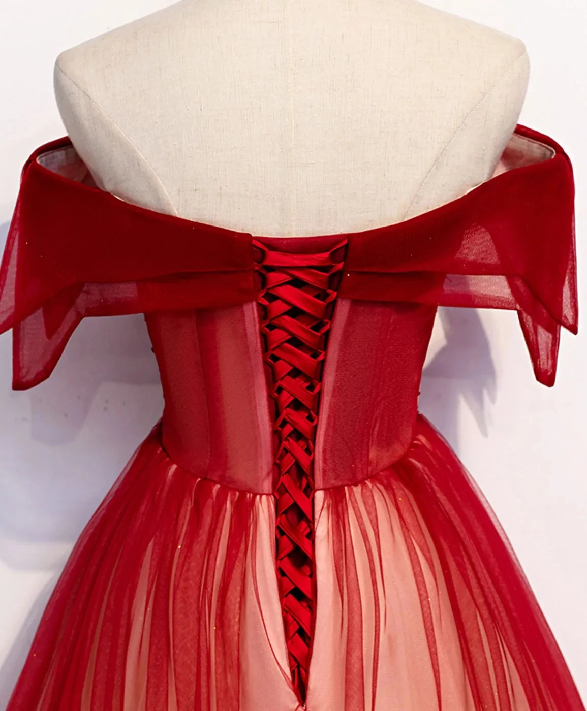 kamahe Burgundy Off The Shoulder Tulle Long Lace Up Formal Prom Dresses Party Dresses