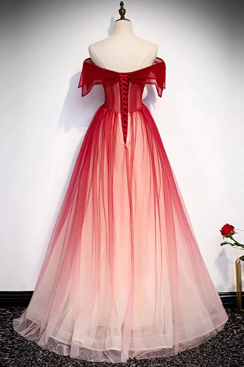 kamahe Burgundy Off The Shoulder Tulle Long Lace Up Formal Prom Dresses Party Dresses