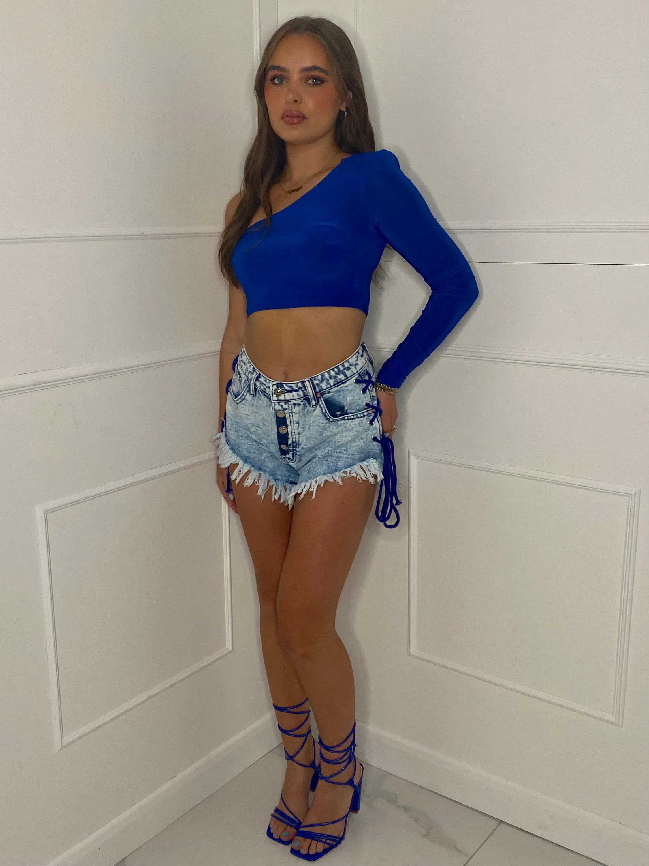 Lace Up String Denim Shorts - Blue/Royal Blue