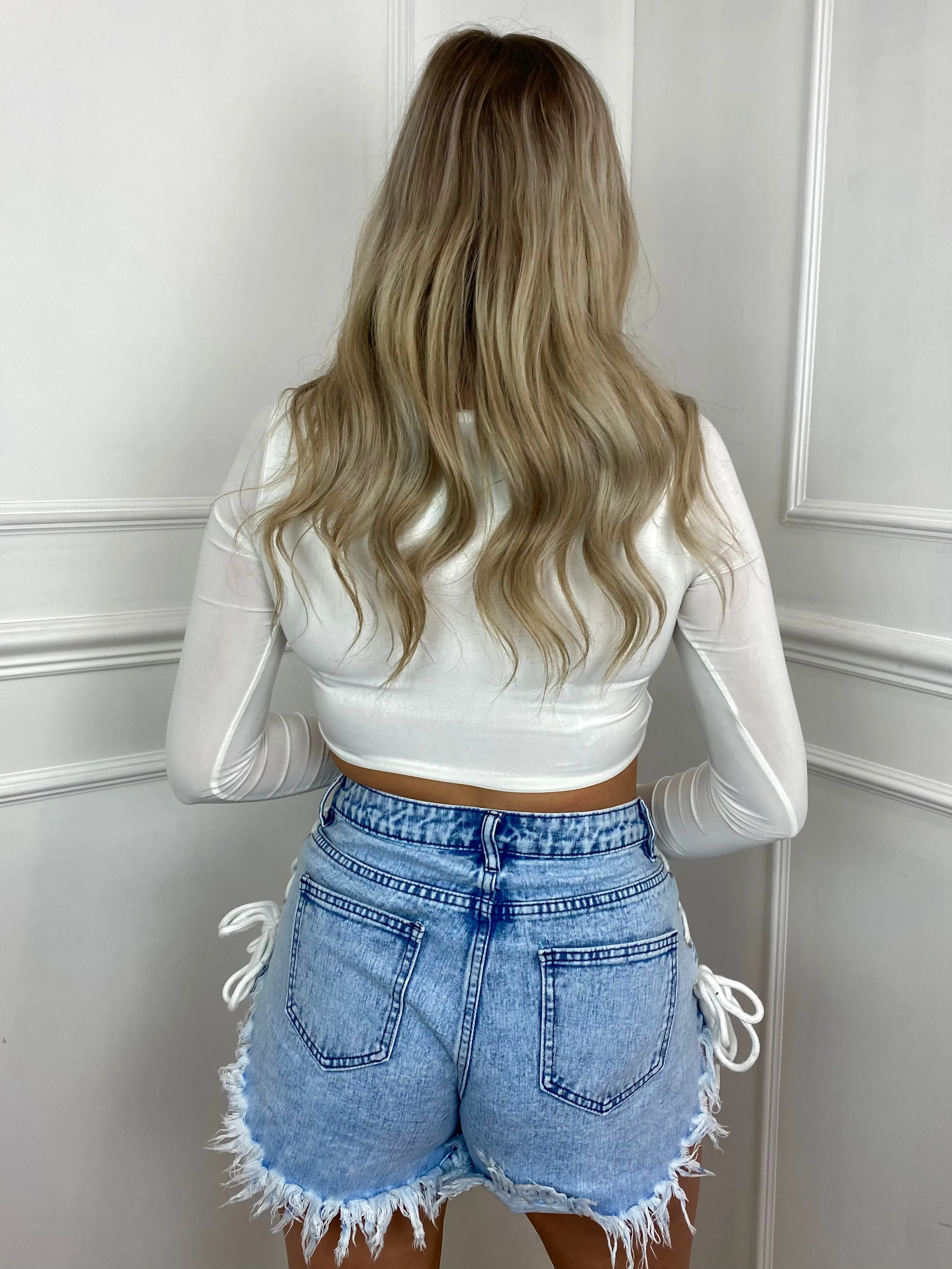 Lace Up String Denim Shorts - Blue/White