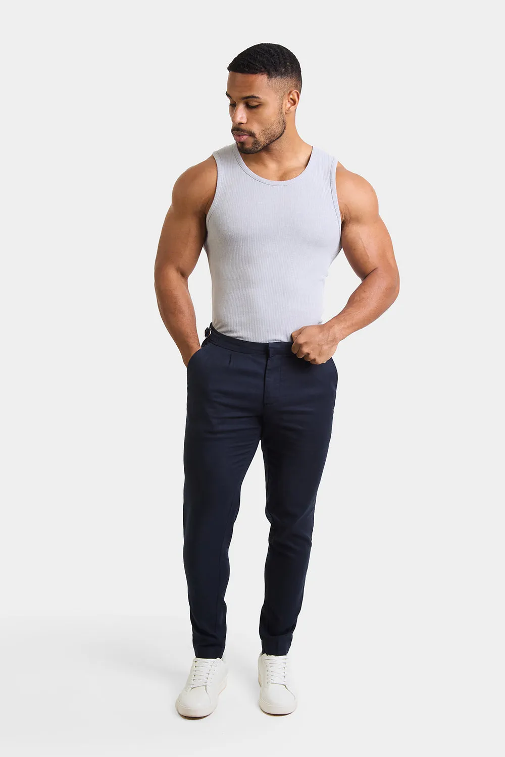 Linen Blend Cropped Pleated Pants in Navy
