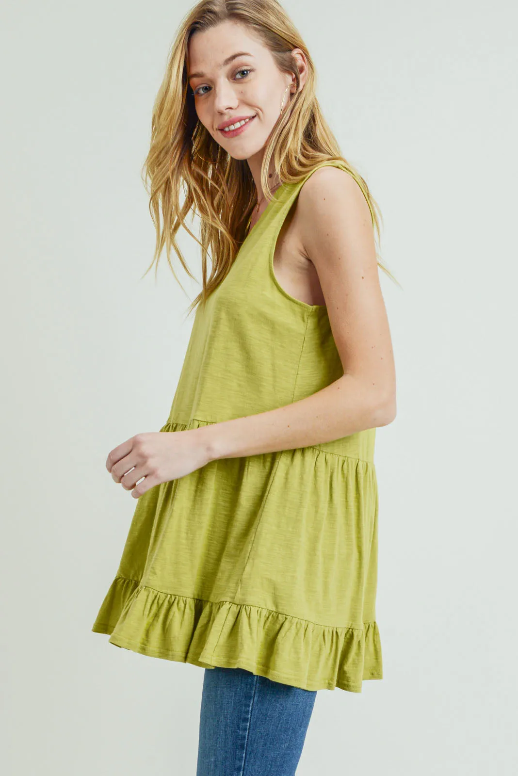 Lovely Lime Sleeveless V-Neck Tiered Ruffle Top