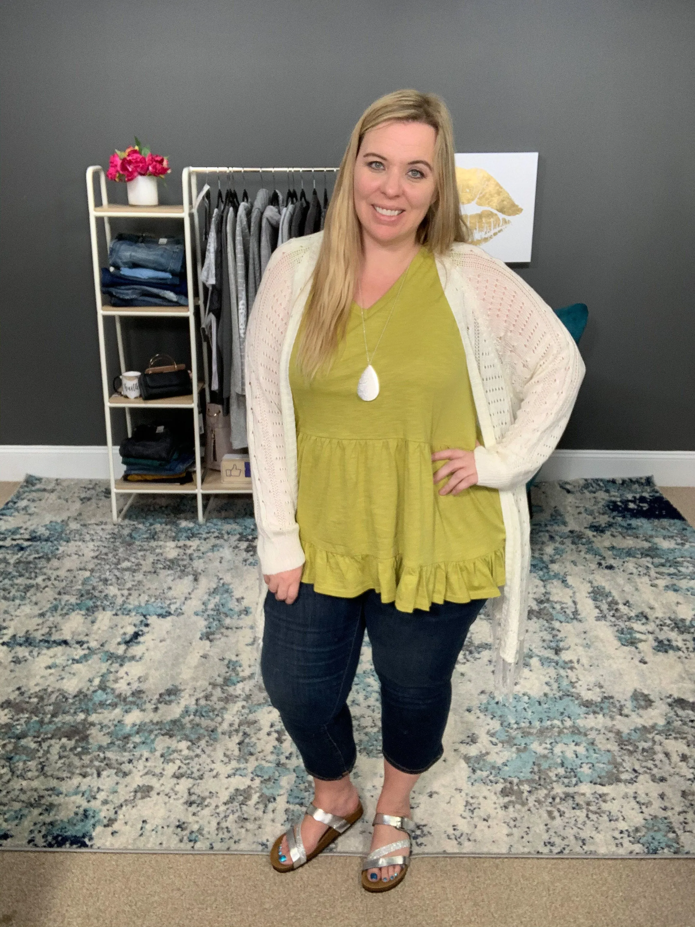 Lovely Lime Sleeveless V-Neck Tiered Ruffle Top
