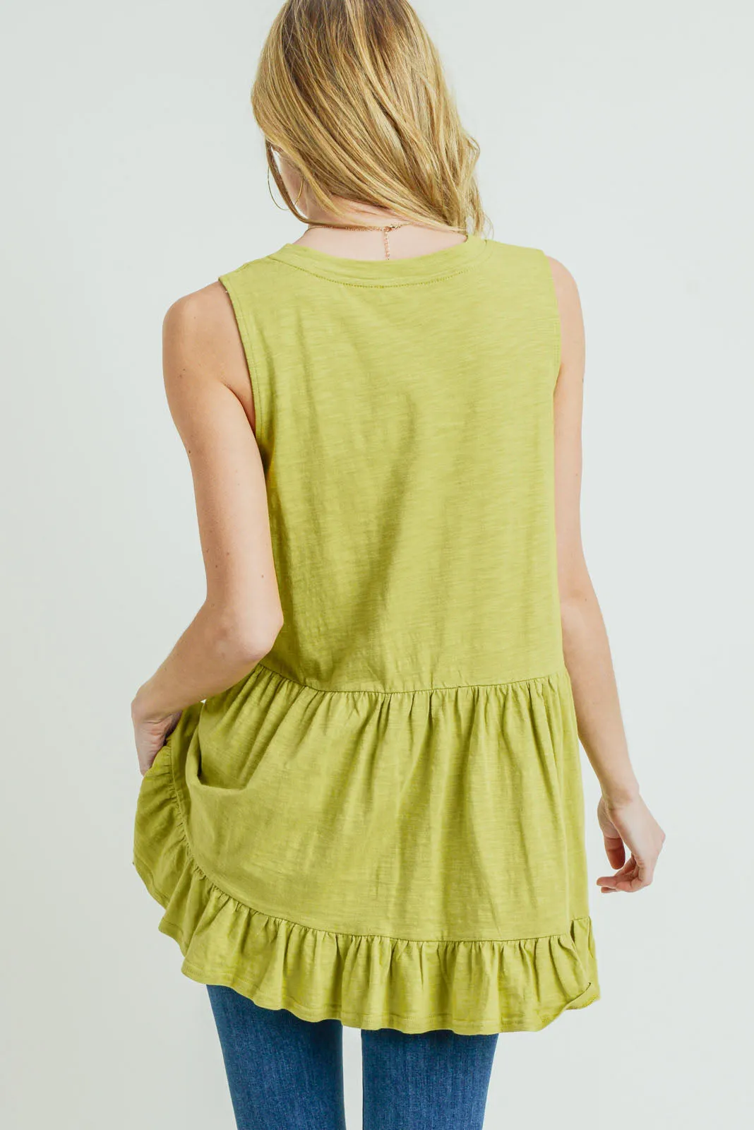 Lovely Lime Sleeveless V-Neck Tiered Ruffle Top