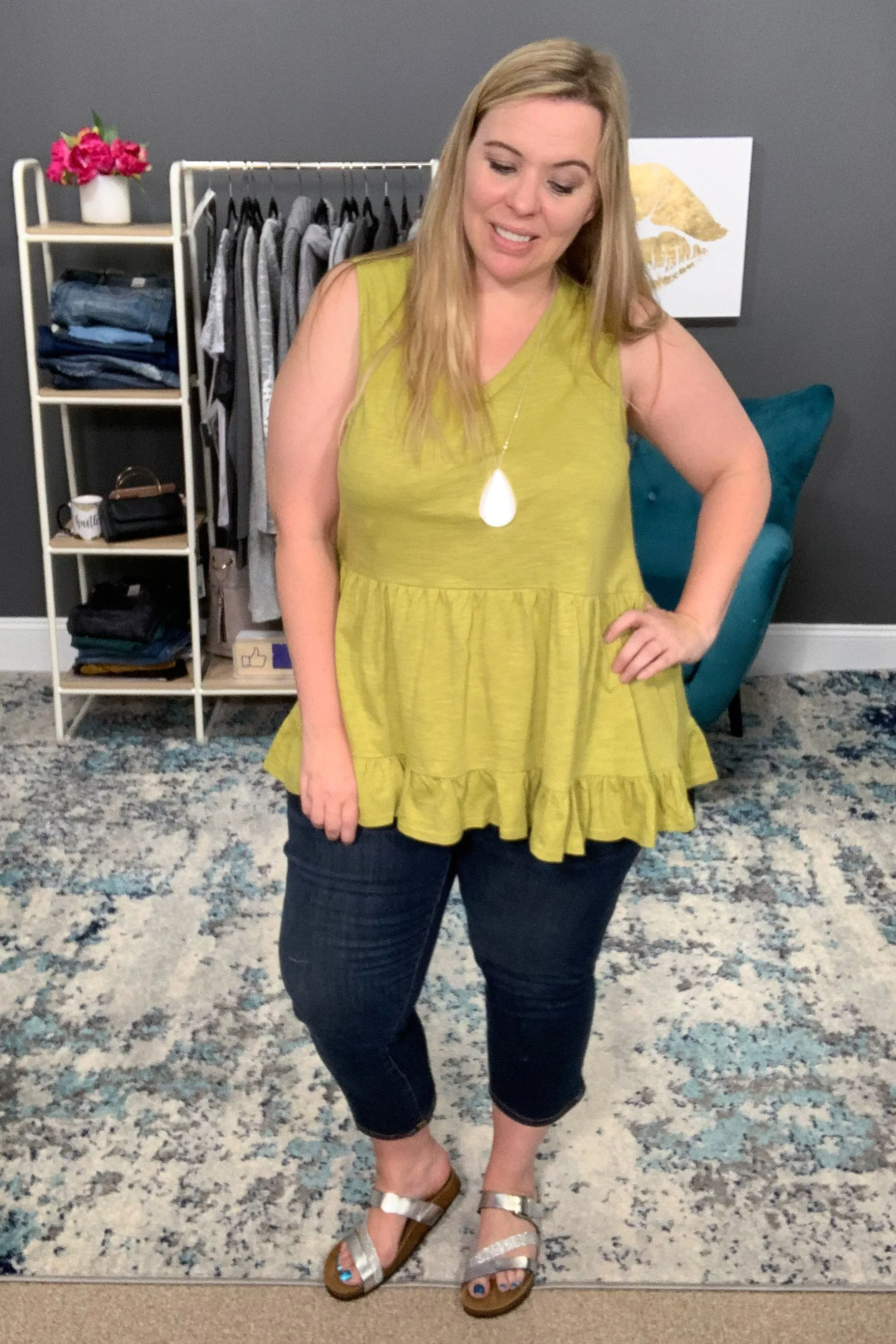 Lovely Lime Sleeveless V-Neck Tiered Ruffle Top