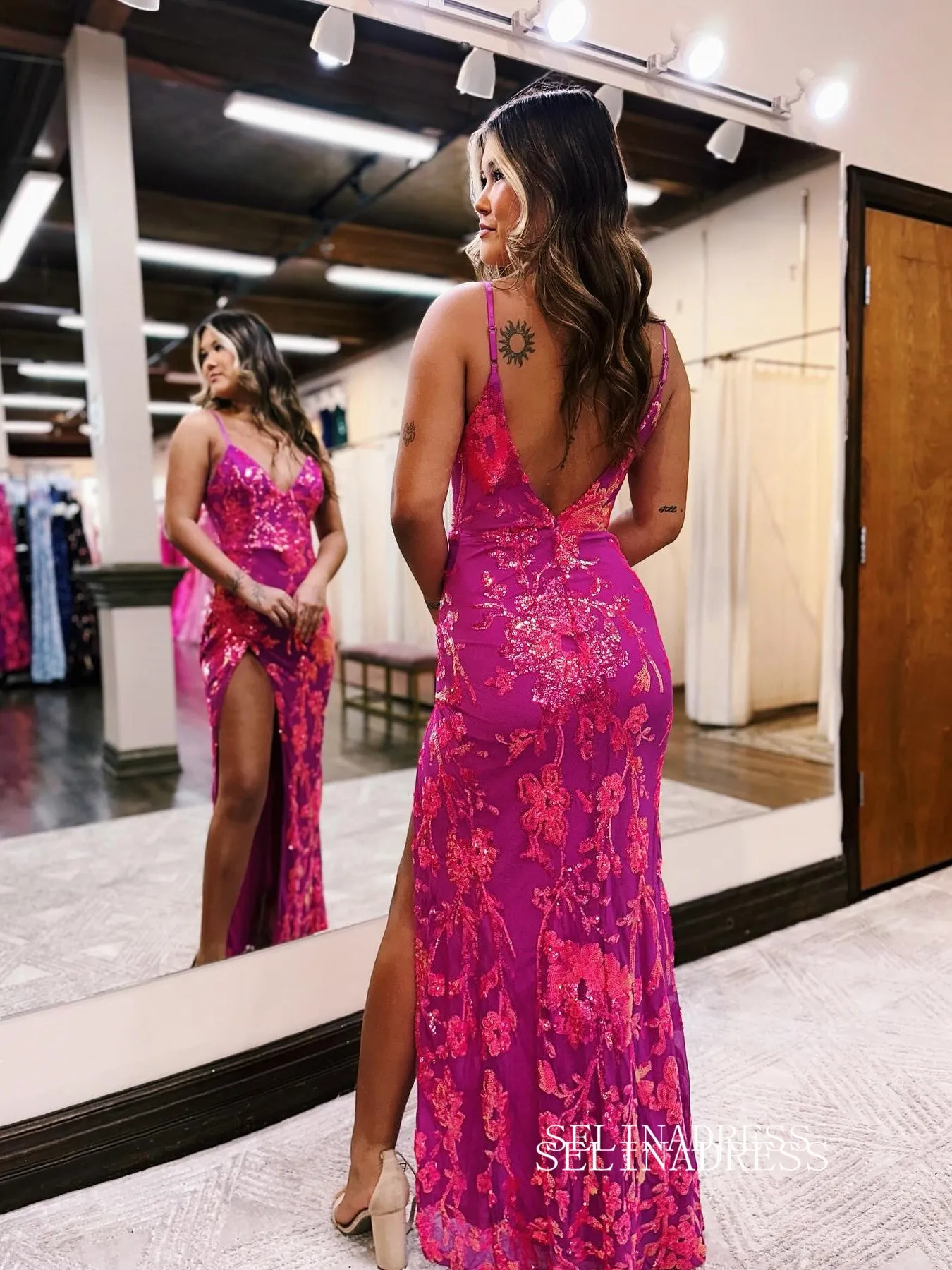 Mermaid Spaghetti Straps Fuchsia Long Prom Dress Sparkly Evening Dress EWR463