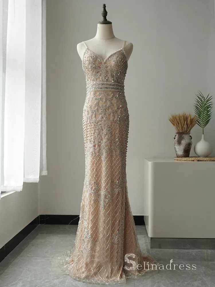Mermaid Spaghetti Straps Luxury Beaded Long Prom Dress Evening Gowns ASB017