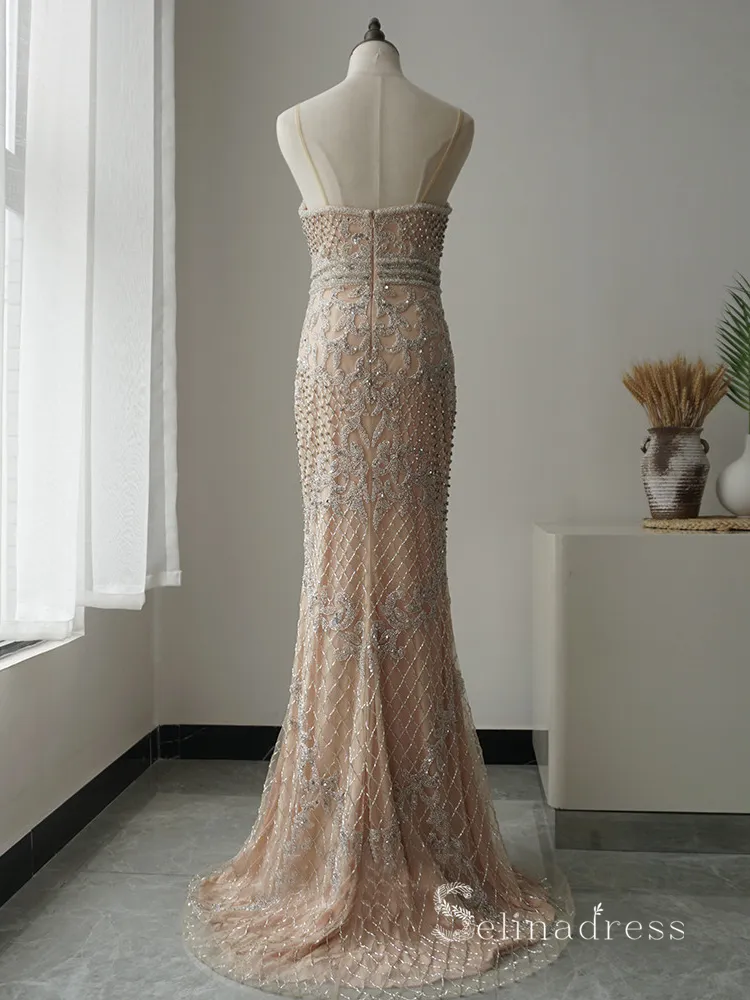 Mermaid Spaghetti Straps Luxury Beaded Long Prom Dress Evening Gowns ASB017