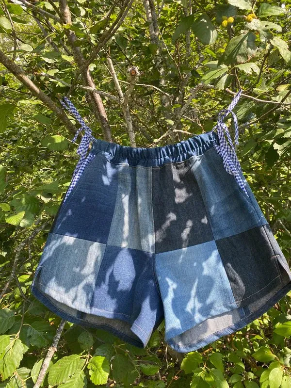 Olive Rose Denim Patchwork Shorts (Blue Gingham)