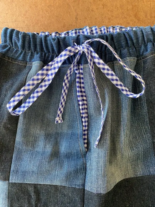 Olive Rose Denim Patchwork Shorts (Blue Gingham)