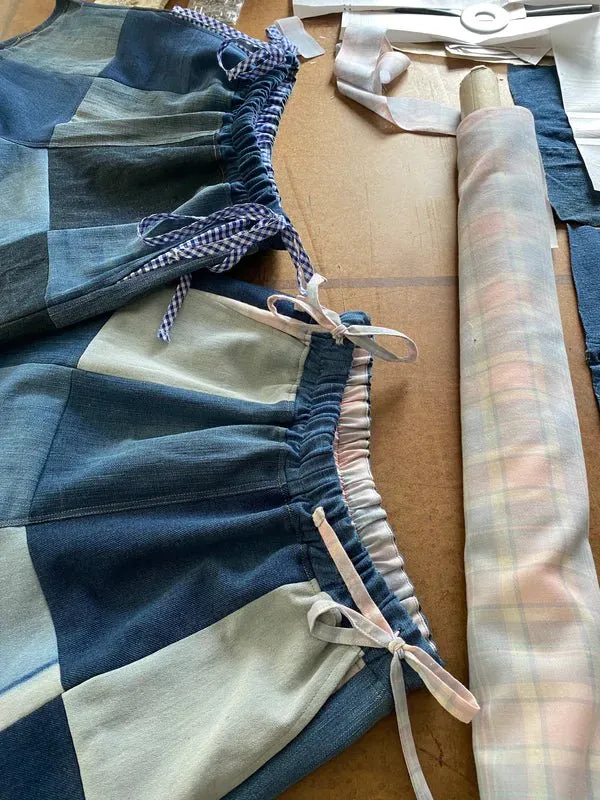 Olive Rose Denim Patchwork Shorts (Blue Gingham)