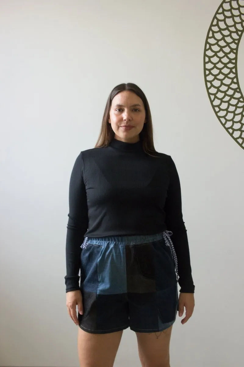 Olive Rose Denim Patchwork Shorts (Blue Gingham)