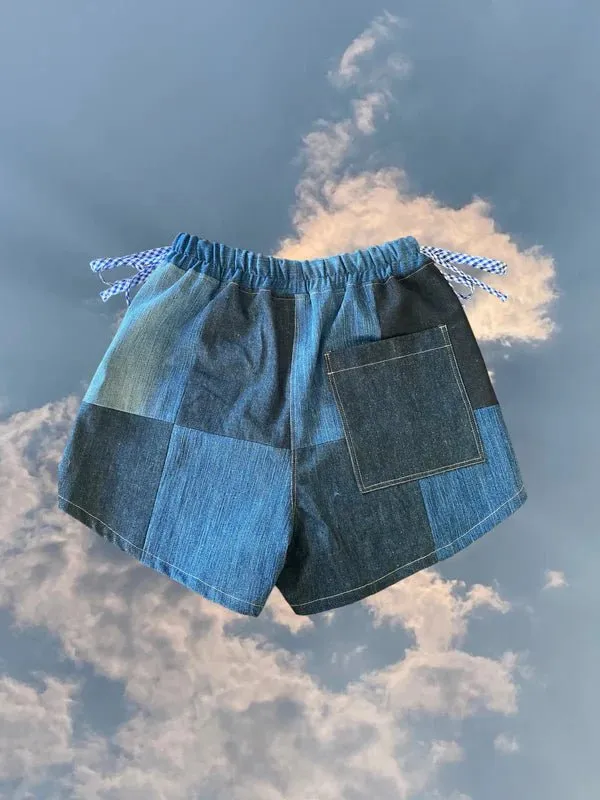 Olive Rose Denim Patchwork Shorts (Blue Gingham)