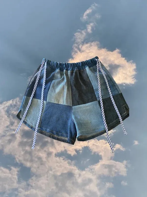Olive Rose Denim Patchwork Shorts (Blue Gingham)