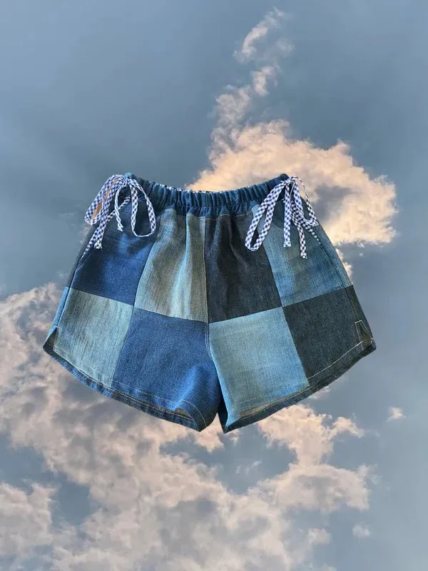 Olive Rose Denim Patchwork Shorts (Blue Gingham)