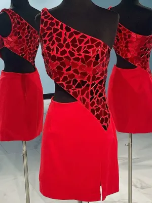One-Shoulder Red Cut Glass Mirror Cutout Cocktail Dress Mini Homecoming Dresses #TKL0136