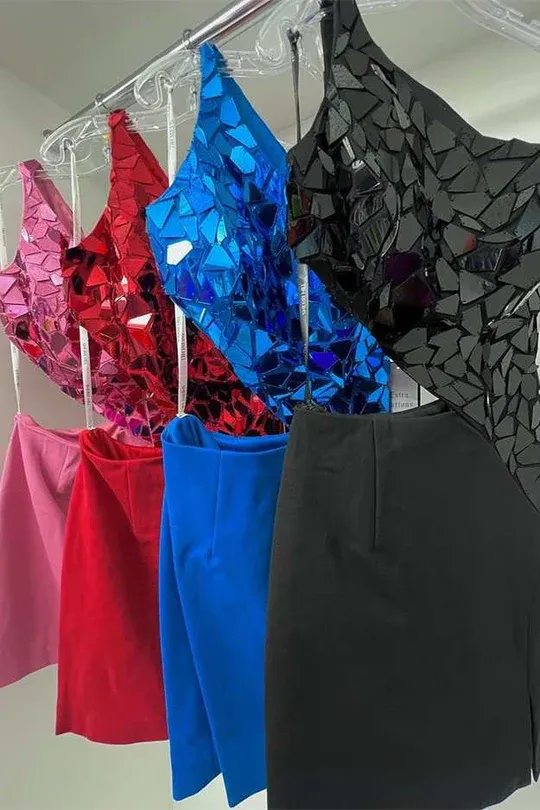 One-Shoulder Red Cut Glass Mirror Cutout Cocktail Dress Mini Homecoming Dresses #TKL0136