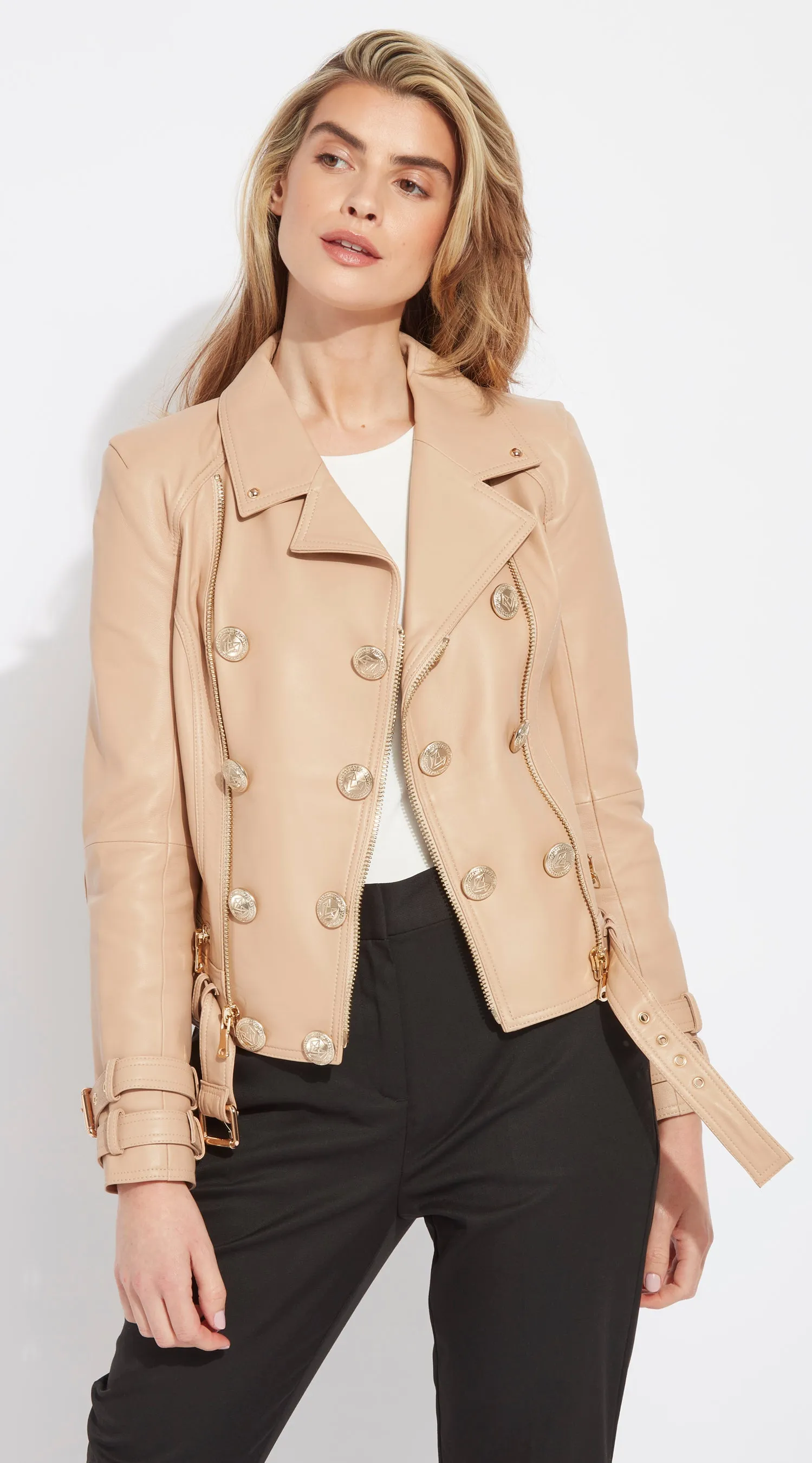 OUTLET Luxy Double-Breasted Leather Biker - Nude