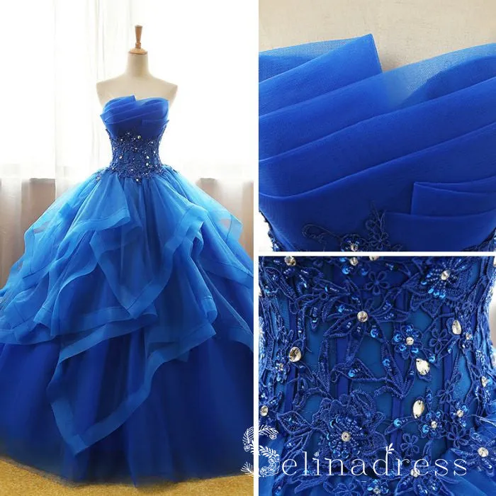 Royal Blue Strapless Lace Long Prom Dress Ball Gown Evening Dress SED109