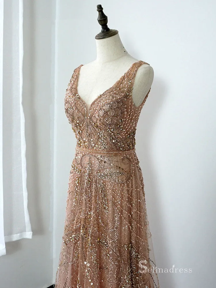 Selinadress Elegant V neck Sparkly Lace Luxury Prom Dress Evening Dress Formal Gown SC0103