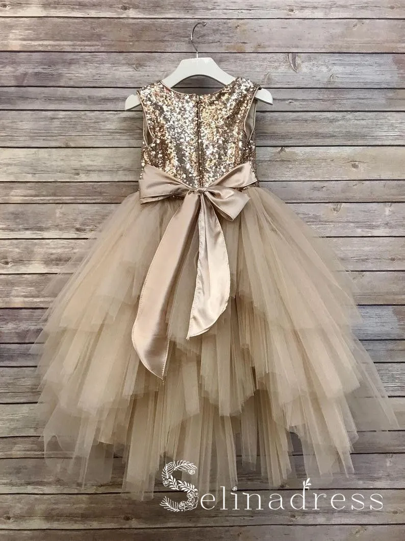 Sequin Top Flower Girl Glam Dress Gold Big Bow Flower Girl Dresses GRS019B