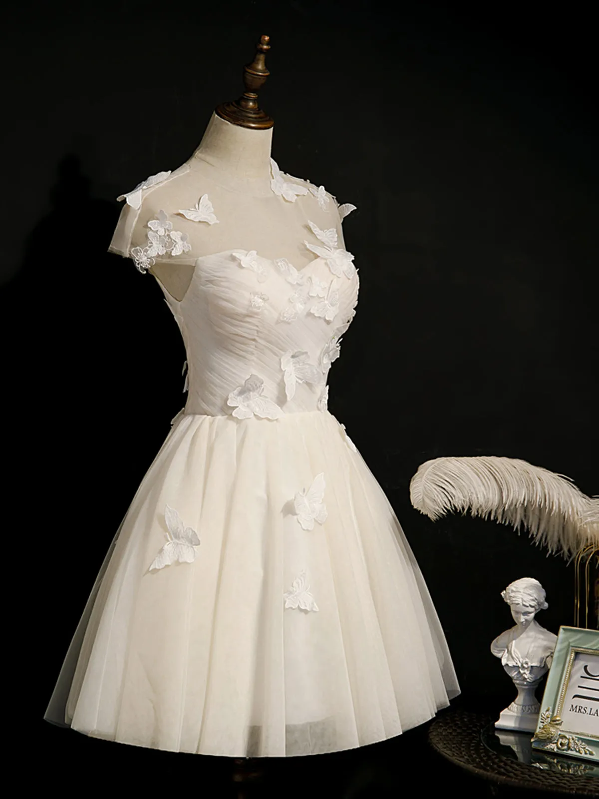 Short White Prom Dresses with Butterfly, Short White Formal Homecoming Dresses