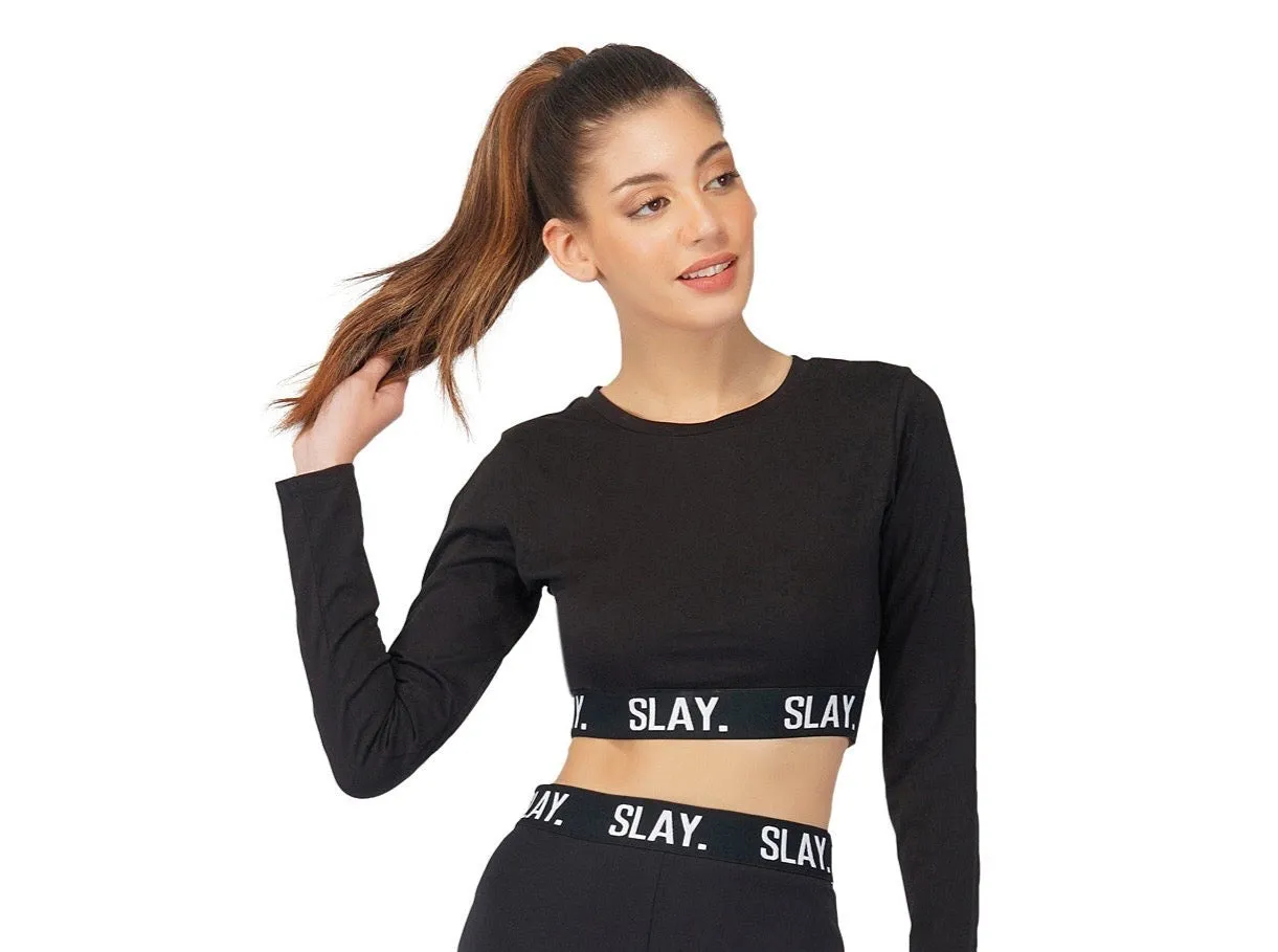 SLAY. Sport Women's Activewear Full Sleeves Black Crop Top
