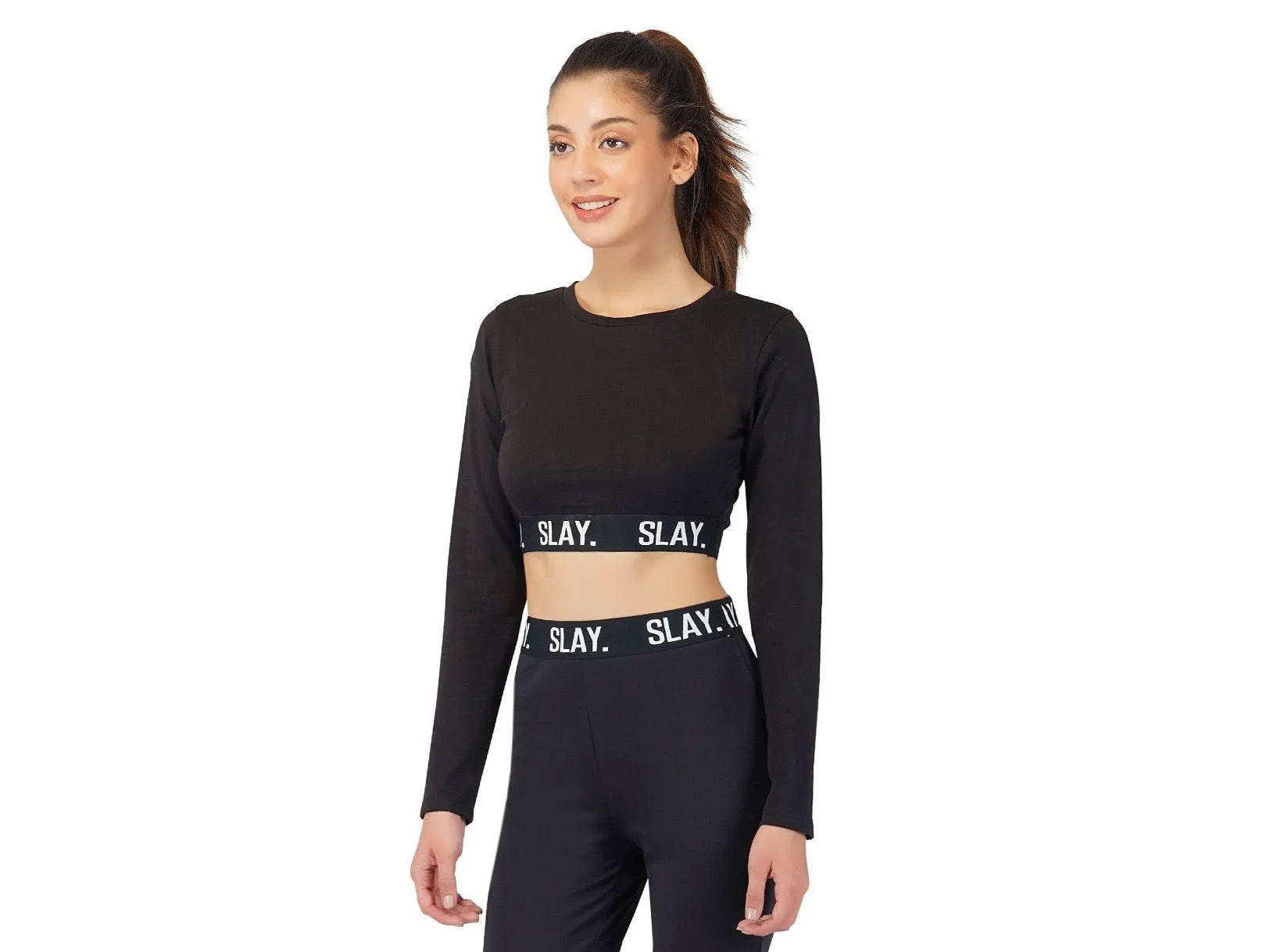 SLAY. Sport Women's Activewear Full Sleeves Black Crop Top