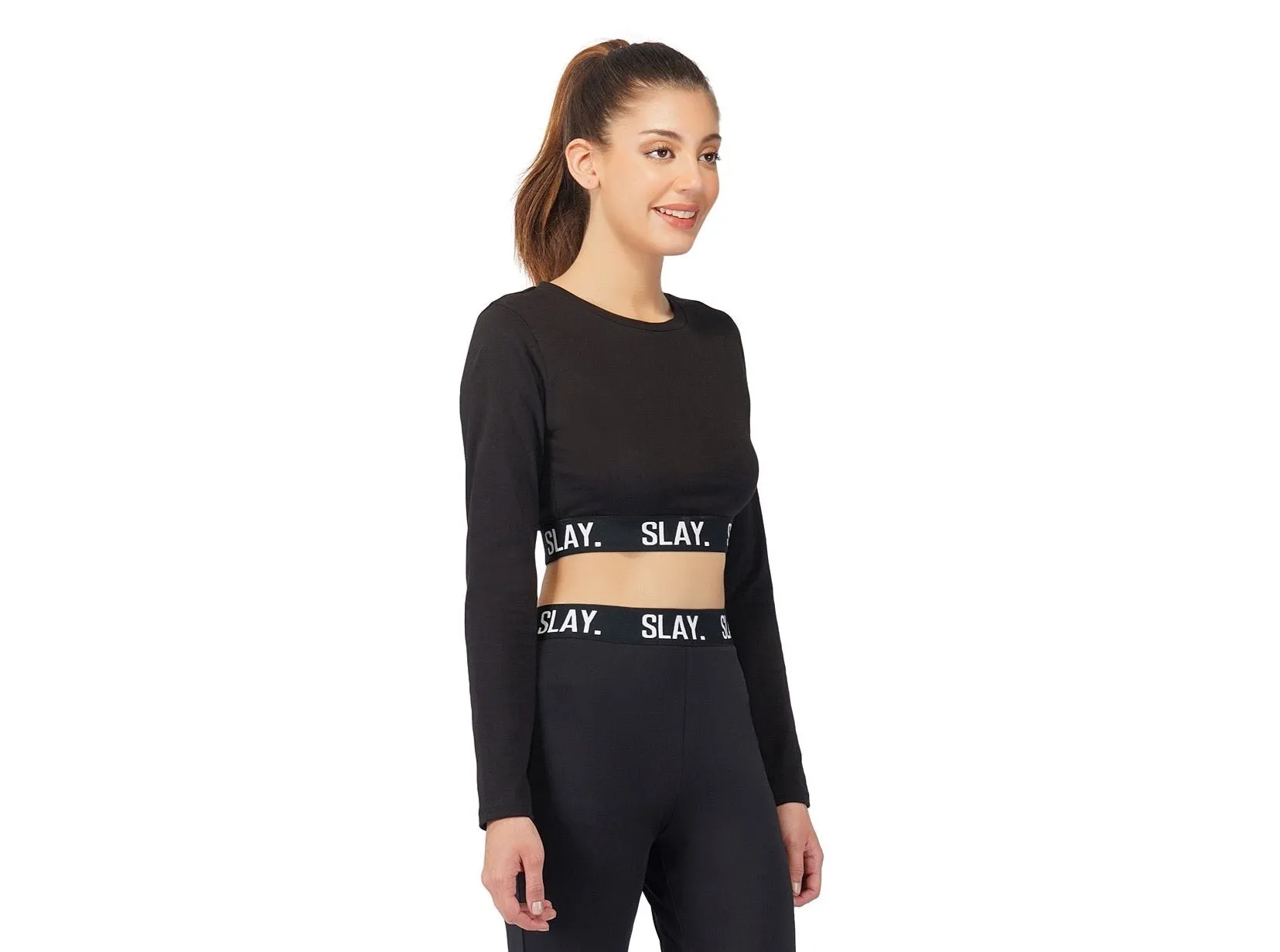 SLAY. Sport Women's Activewear Full Sleeves Black Crop Top