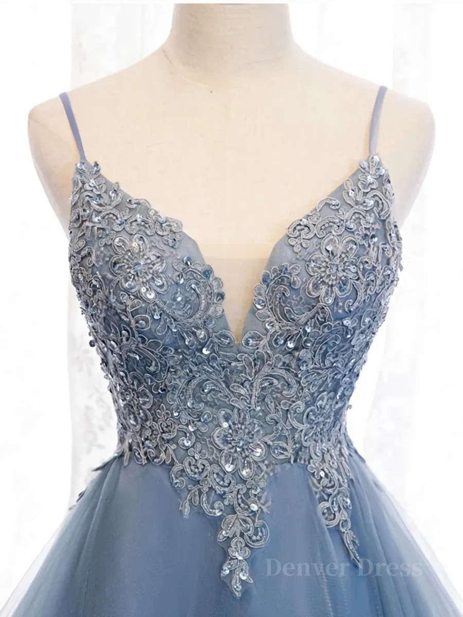 V Neck High Low Blue Lace Prom Dresses Blue Lace High Low Formal Evening Graduation Dresses