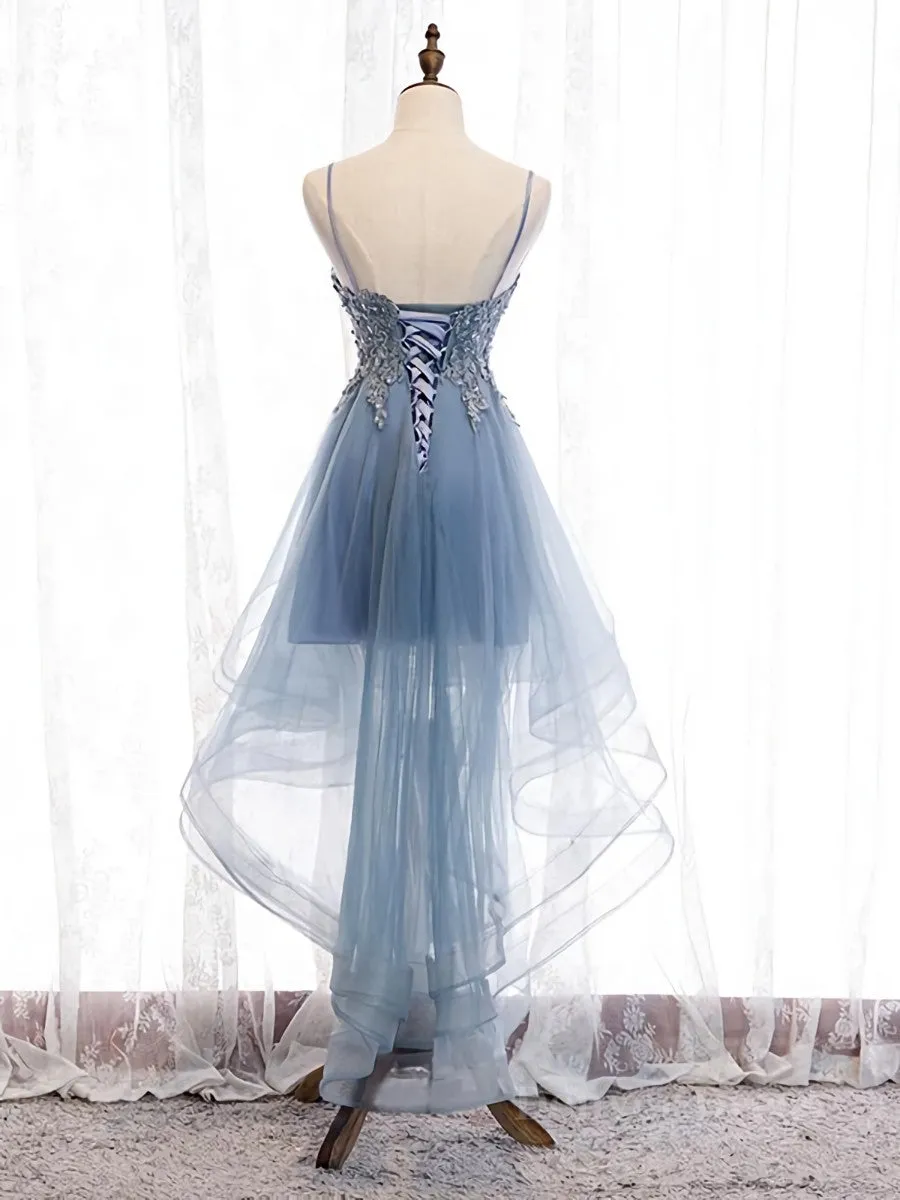V Neck High Low Blue Lace Prom Dresses Blue Lace High Low Formal Evening Graduation Dresses