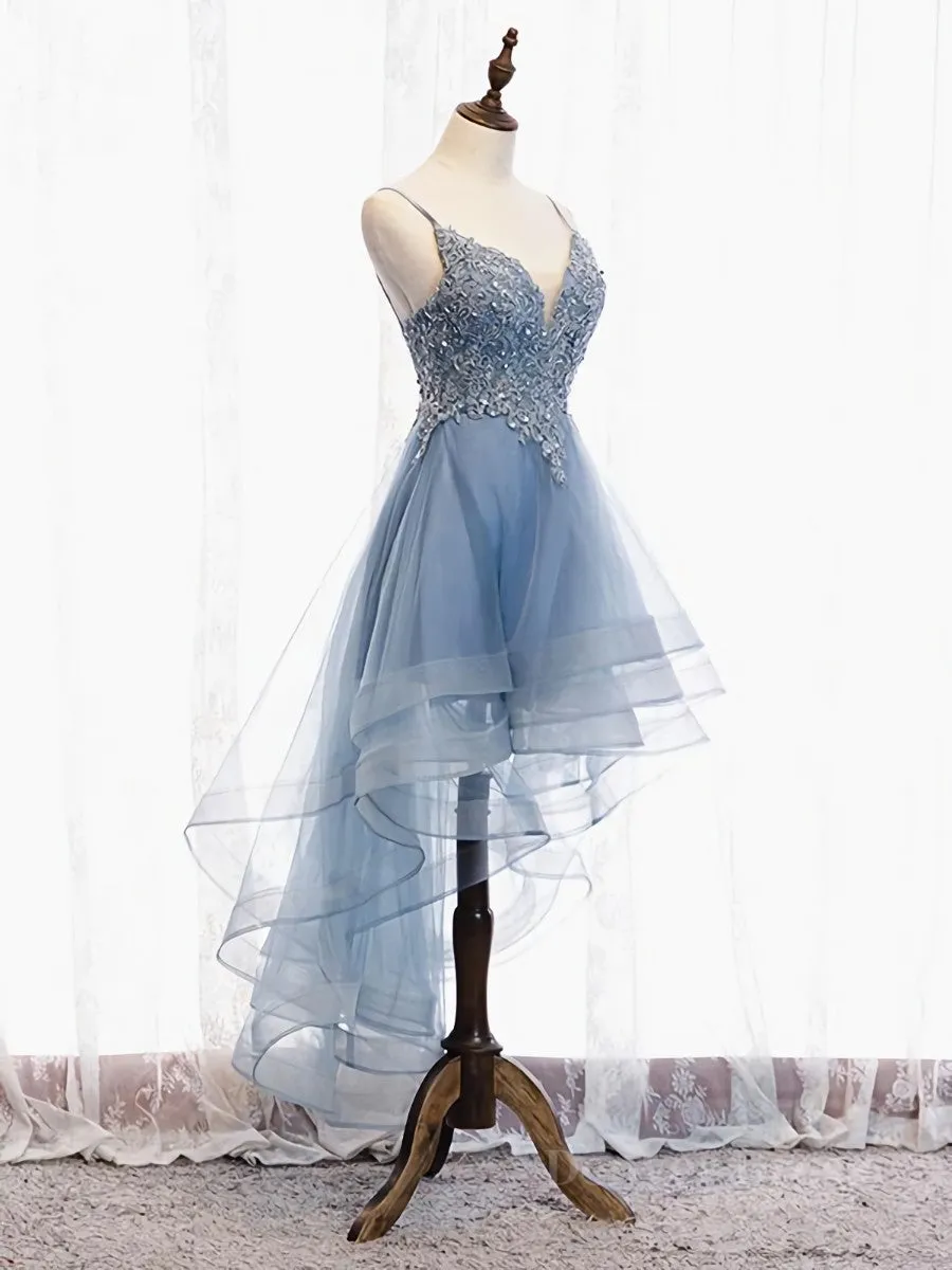 V Neck High Low Blue Lace Prom Dresses Blue Lace High Low Formal Evening Graduation Dresses