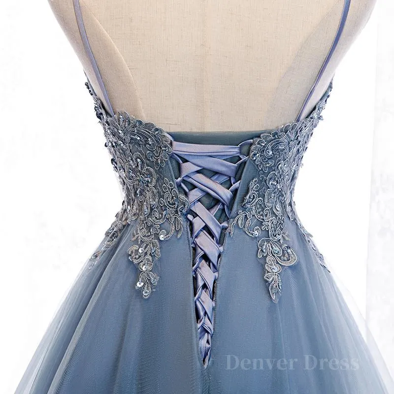 V Neck High Low Blue Lace Prom Dresses Blue Lace High Low Formal Evening Graduation Dresses