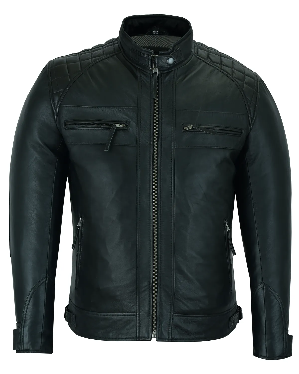 Vance Leather Men's Cafe Racer Gatsby Black Waxed Lambskin Motorcycle Leather Jacket