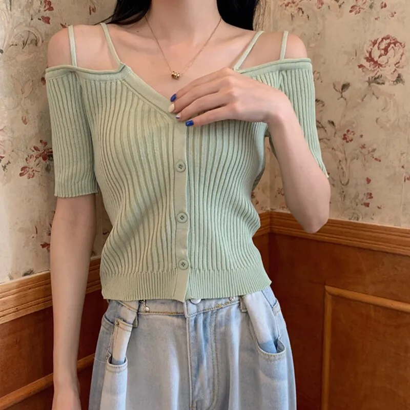 Wenkouban Summer Off Shoulder V Neck Kintted Woman Tshirts Korean Fashion Black Thin Soild Basic Women's T-Shirt Short Tee Shirt Femme Top