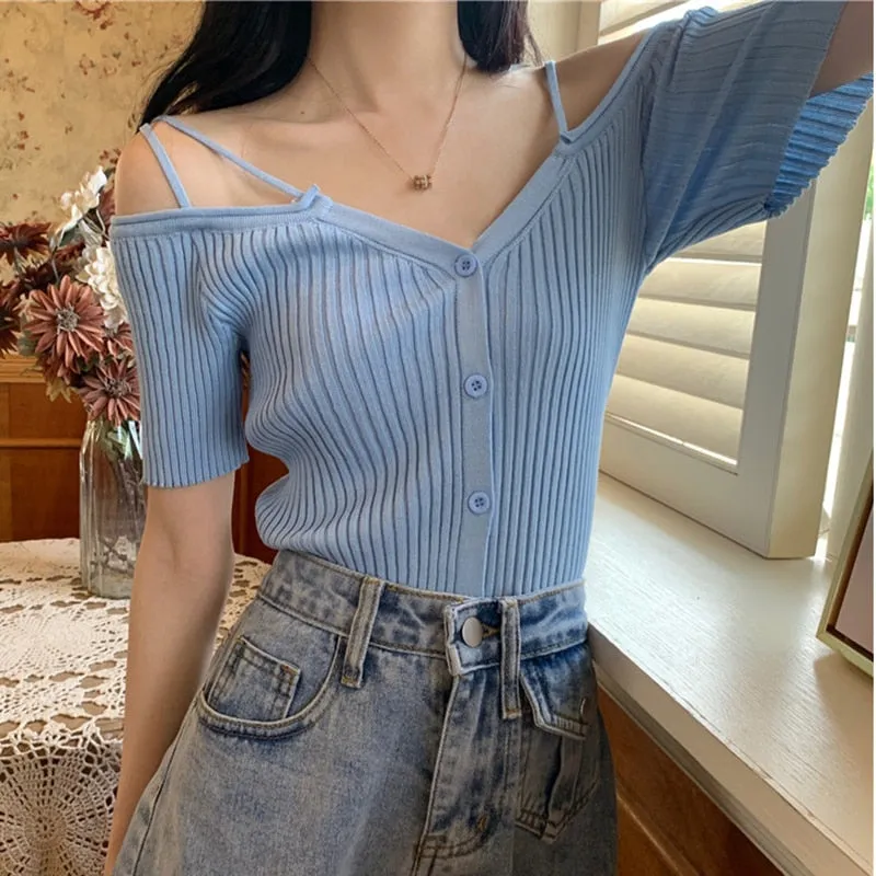 Wenkouban Summer Off Shoulder V Neck Kintted Woman Tshirts Korean Fashion Black Thin Soild Basic Women's T-Shirt Short Tee Shirt Femme Top