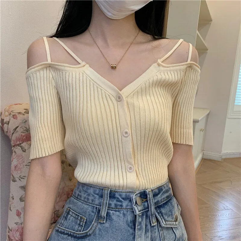 Wenkouban Summer Off Shoulder V Neck Kintted Woman Tshirts Korean Fashion Black Thin Soild Basic Women's T-Shirt Short Tee Shirt Femme Top